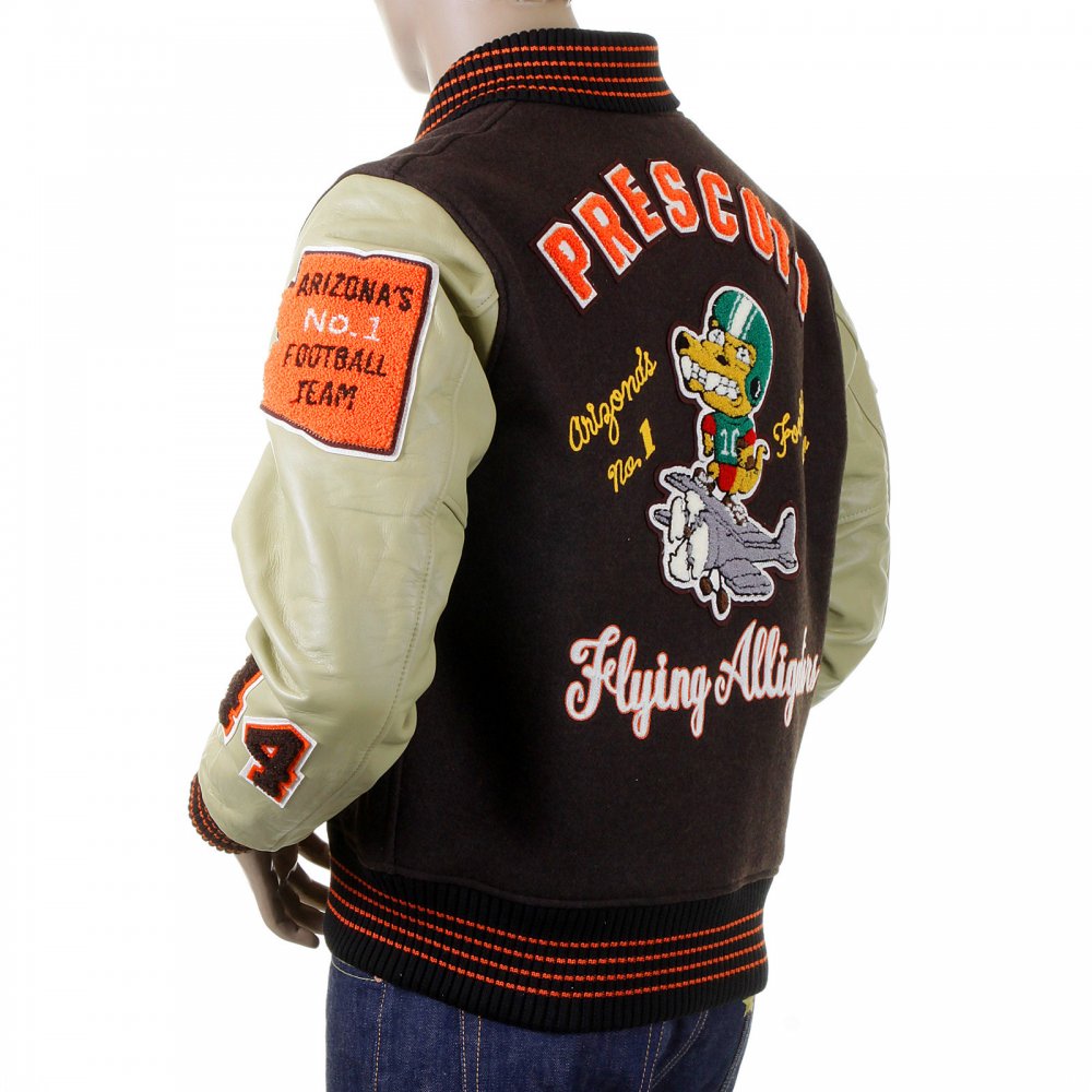 Mens Brown Melton Wool Regular Fit Stadium Flying Alligators Letterman Jacket with Long Dark Cream Leather Sleeves WV12077