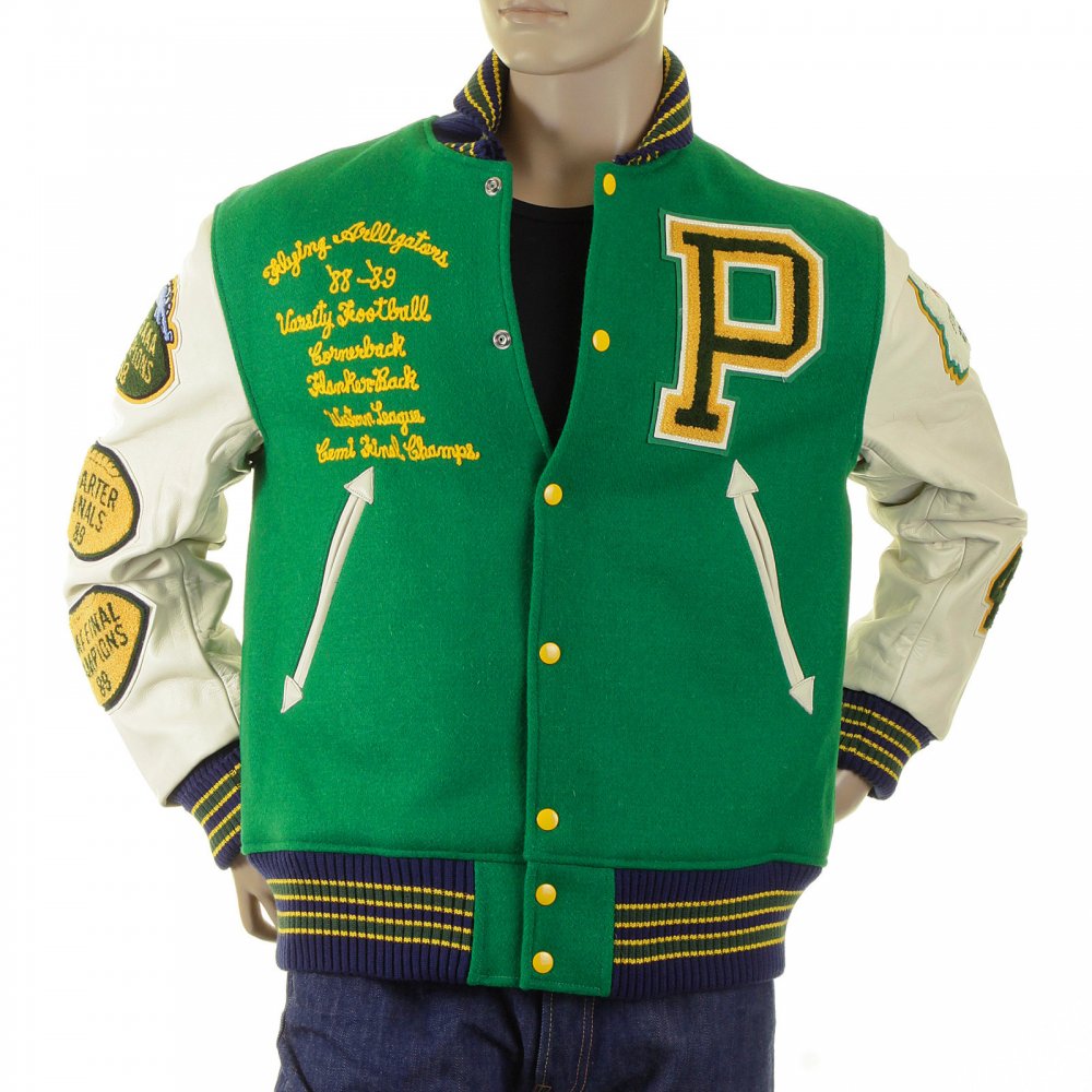 Mens Kelly Green Wool Melton Regular Fit Letterman Award Flying Alligators Stadium Jacket with White Leather Long Sleeves WV12077