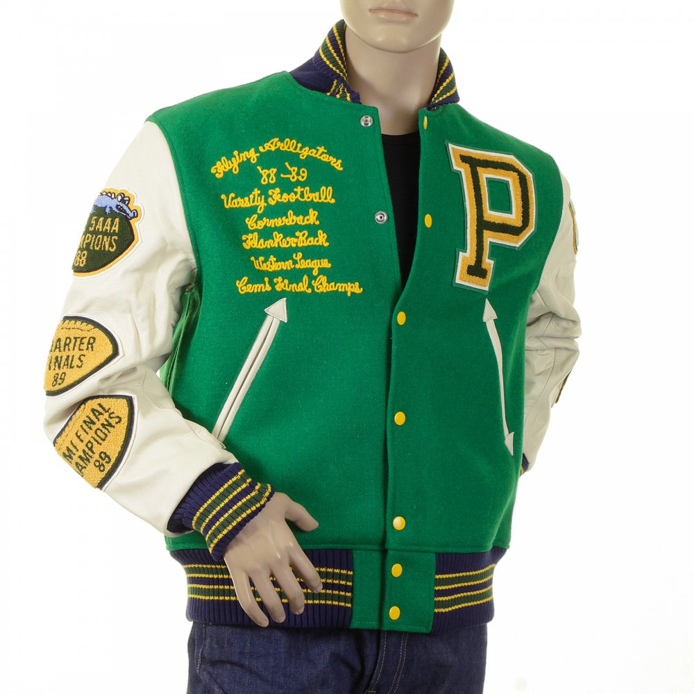 Mens Kelly Green Wool Melton Regular Fit Letterman Award Flying Alligators Stadium Jacket with White Leather Long Sleeves WV12077