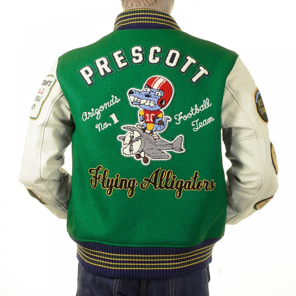 Mens Kelly Green Wool Melton Regular Fit Letterman Award Flying Alligators Stadium Jacket with White Leather Long Sleeves WV12077