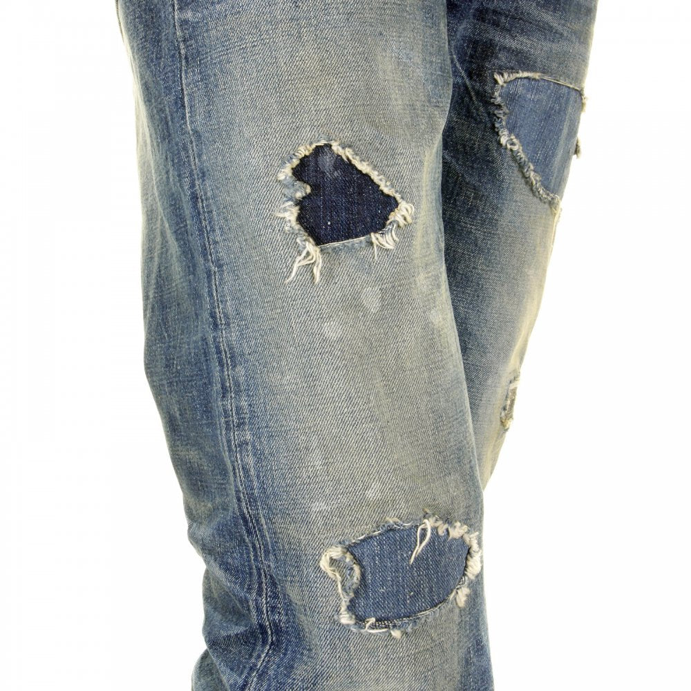 Mens 10 Year Aged Vintage Cut Lone Star Japanese Selvedge Denim Jeans with Torn and Repaired Patches SC40901R