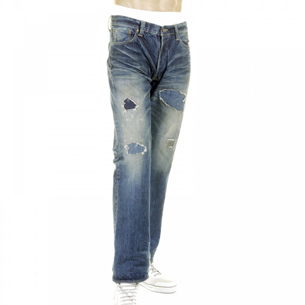 Mens 10 Year Aged Vintage Cut Lone Star Japanese Selvedge Denim Jeans with Torn and Repaired Patches SC40901R