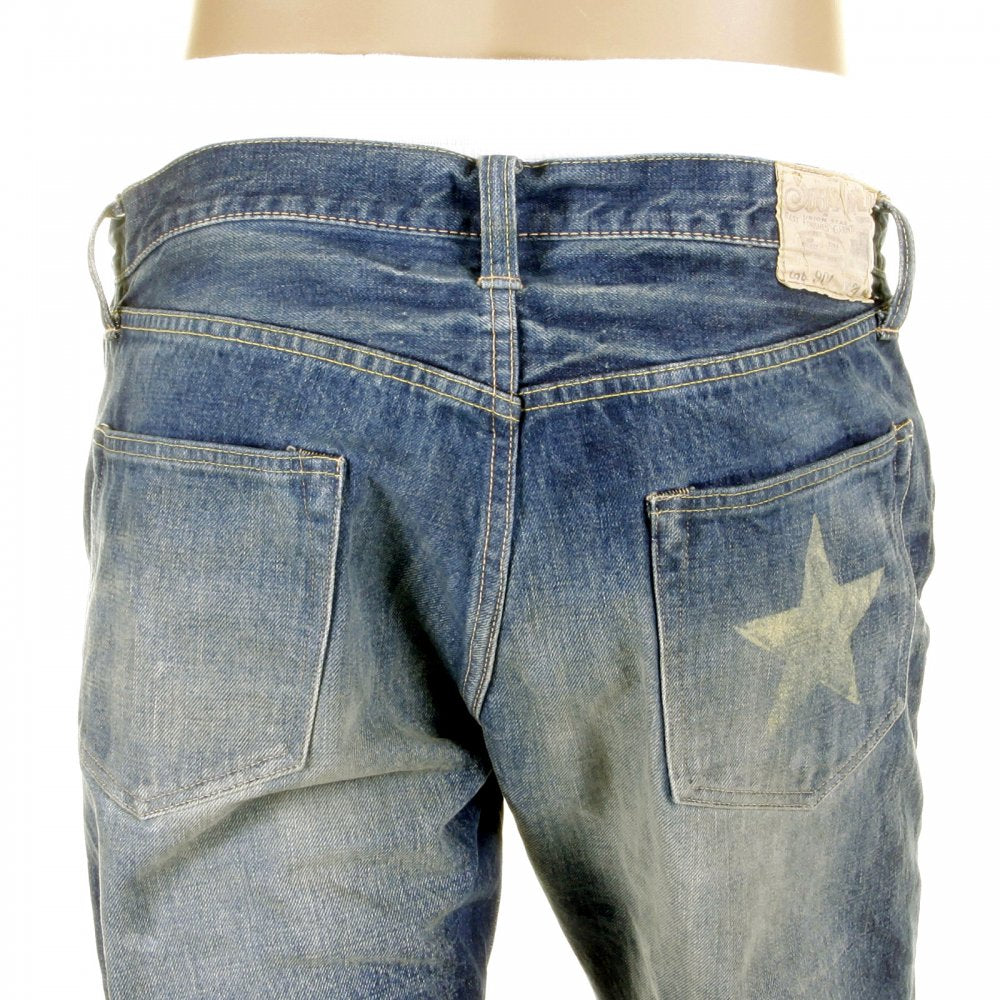 Mens 10 Year Aged Vintage Cut Lone Star Japanese Selvedge Denim Jeans with Torn and Repaired Patches SC40901R