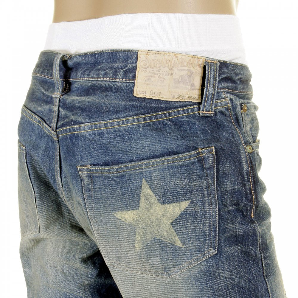 Mens 10 Year Aged Vintage Cut Lone Star Japanese Selvedge Denim Jeans with Torn and Repaired Patches SC40901R