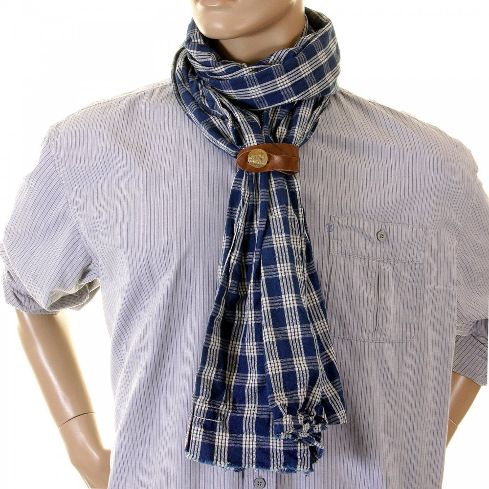 Mens One Wash Blue Palaka Vintage Cut Oversized Stole Scarf in Navy with Leather Stole Ring SC01968A