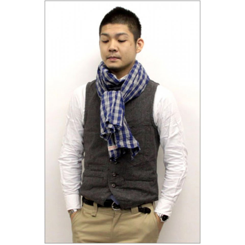 Mens One Wash Blue Palaka Vintage Cut Oversized Stole Scarf in Navy with Leather Stole Ring SC01968A