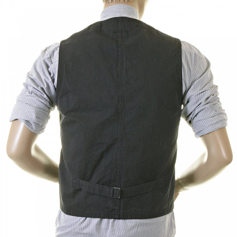 Mens Black Japanese Cotton Vintage Cut Regular Fit Striped Waistcoat Work Vest SC12458