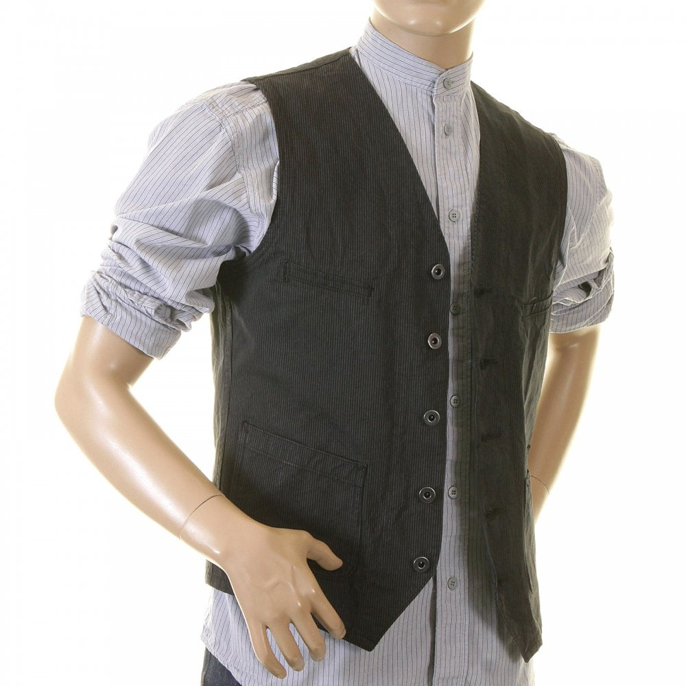 Mens Black Japanese Cotton Vintage Cut Regular Fit Striped Waistcoat Work Vest SC12458