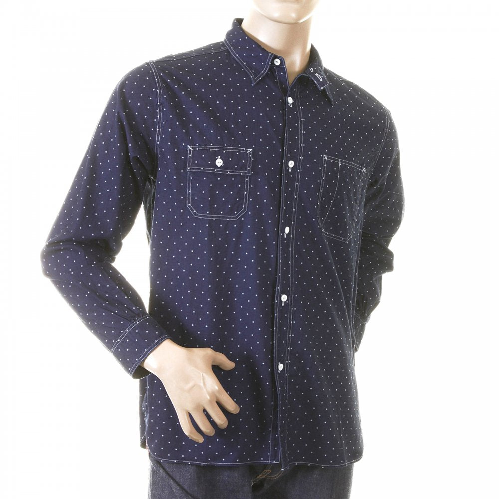 Mens Navy Vintage Cut Fiction Romance Regular Fit Long Sleeve Work Wear One Wash Shirt with Star Dots SC25675A