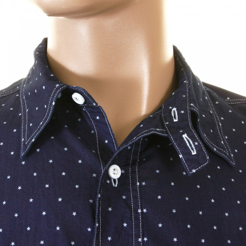 Mens Navy Vintage Cut Fiction Romance Regular Fit Long Sleeve Work Wear One Wash Shirt with Star Dots SC25675A