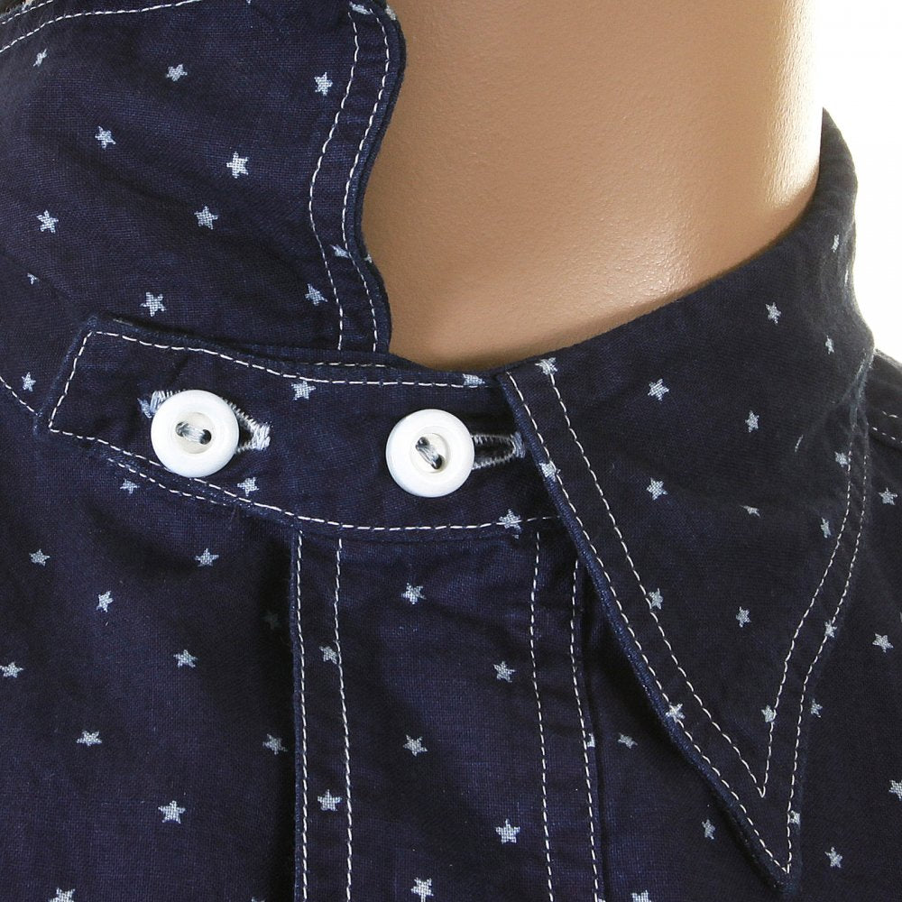 Mens Navy Vintage Cut Fiction Romance Regular Fit Long Sleeve Work Wear One Wash Shirt with Star Dots SC25675A