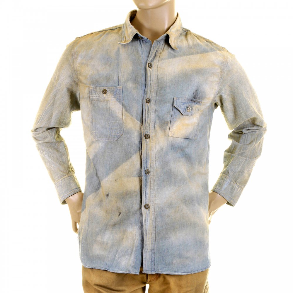Mens Navy Blue Chambray Long Sleeve Hard wash Regular Fit Vintage Work Shirt with Heavy Fading SC25355H