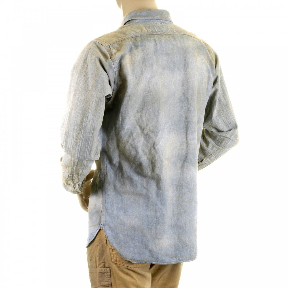 Mens Navy Blue Chambray Long Sleeve Hard wash Regular Fit Vintage Work Shirt with Heavy Fading SC25355H