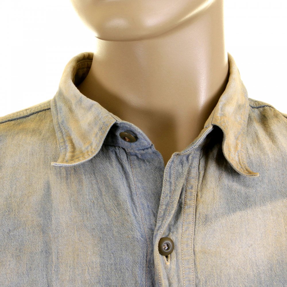 Mens Navy Blue Chambray Long Sleeve Hard wash Regular Fit Vintage Work Shirt with Heavy Fading SC25355H