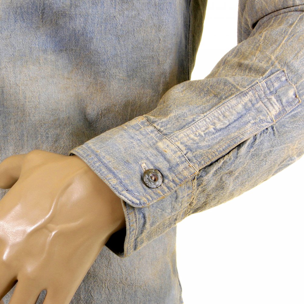 Mens Navy Blue Chambray Long Sleeve Hard wash Regular Fit Vintage Work Shirt with Heavy Fading SC25355H