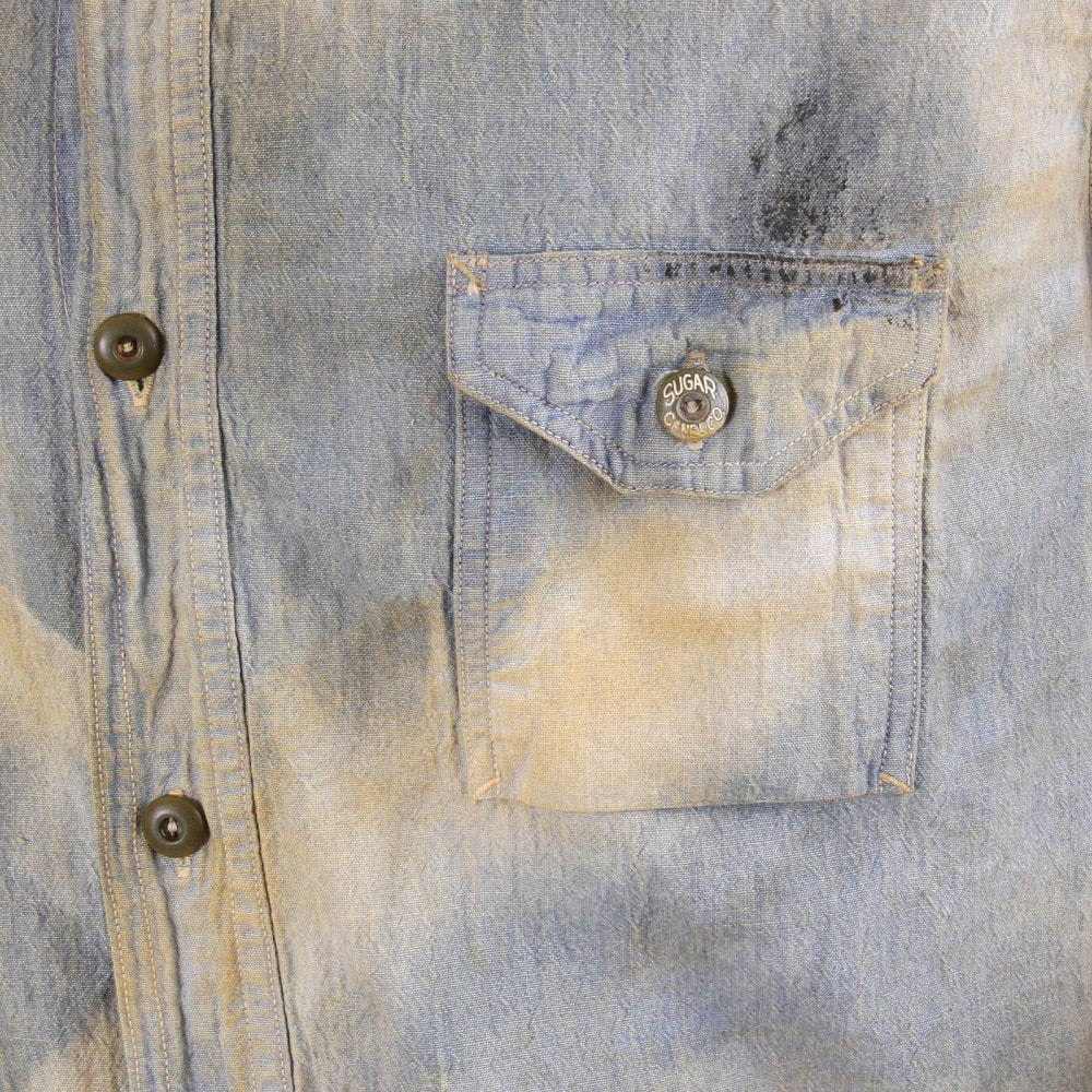 Mens Navy Blue Chambray Long Sleeve Hard wash Regular Fit Vintage Work Shirt with Heavy Fading SC25355H