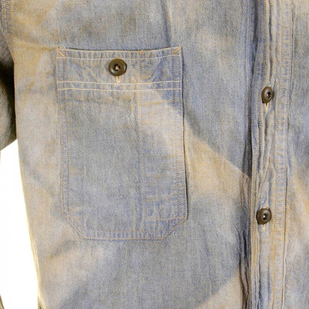 Mens Navy Blue Chambray Long Sleeve Hard wash Regular Fit Vintage Work Shirt with Heavy Fading SC25355H