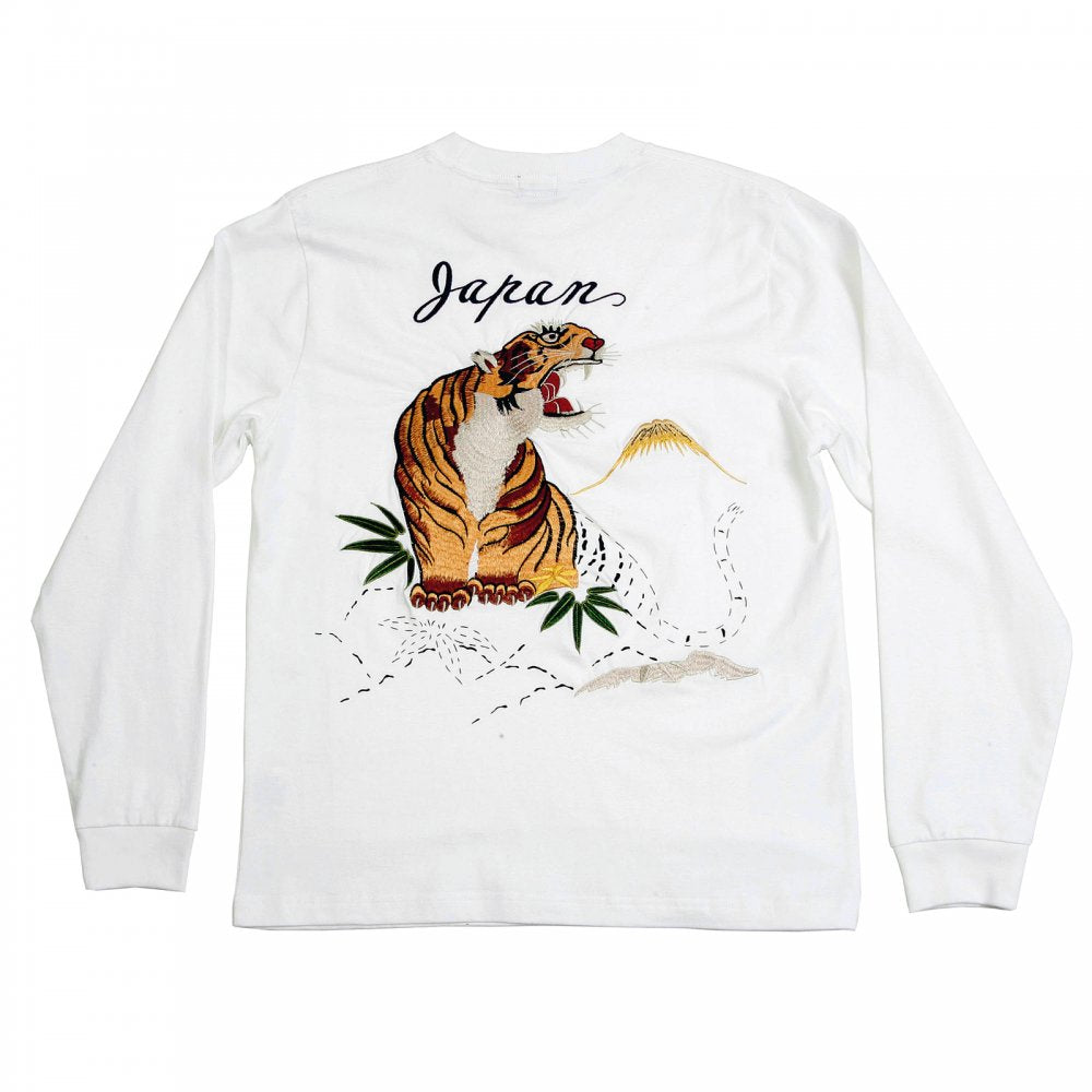 Mens Slim Fit Ribbed Crew Neck Long Sleeve T-shirt in White with Hand Embroidered Tiger TT64241