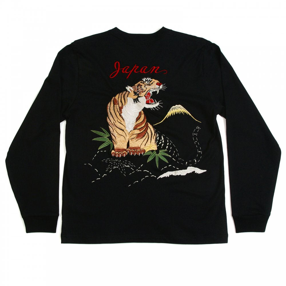 Mens Black Slim Fit Ribbed Crew Neck Long Sleeve T-shirt with Hand Embroidered Tiger TT64241