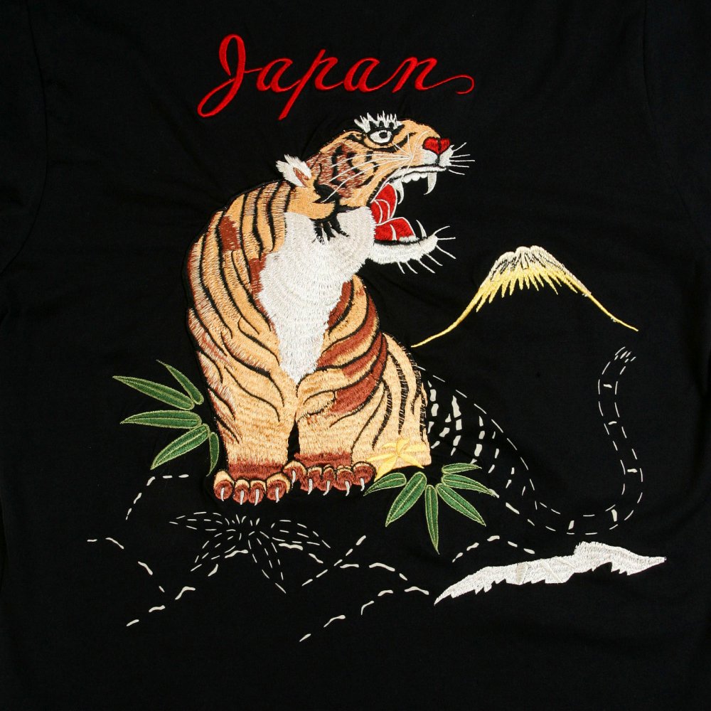 Mens Black Slim Fit Ribbed Crew Neck Long Sleeve T-shirt with Hand Embroidered Tiger TT64241