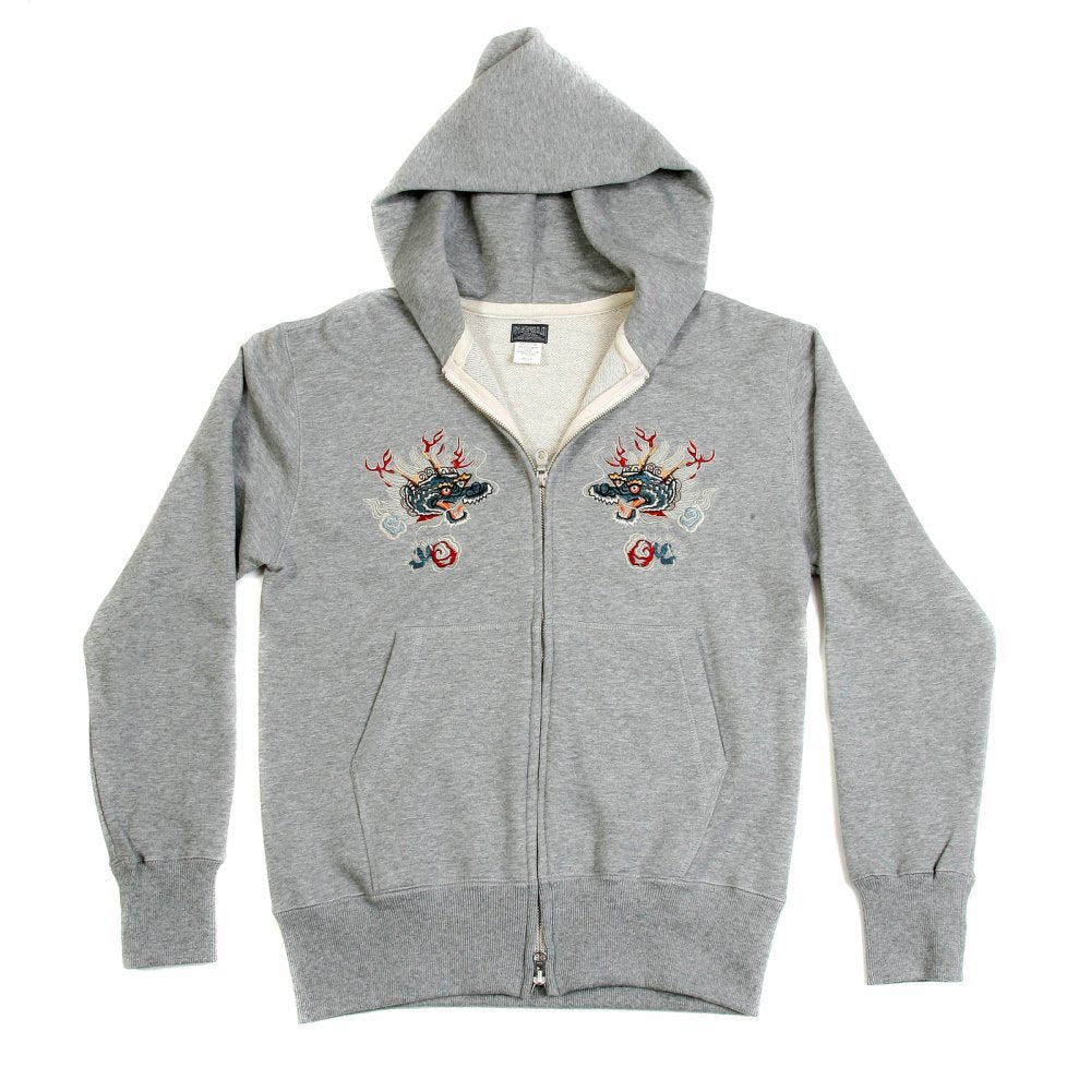 Mens Heather Grey Slim Fit Long Sleeve Zipped Sweatshirt Hoodie with Hand Embroidered Hells Dragon TT64244