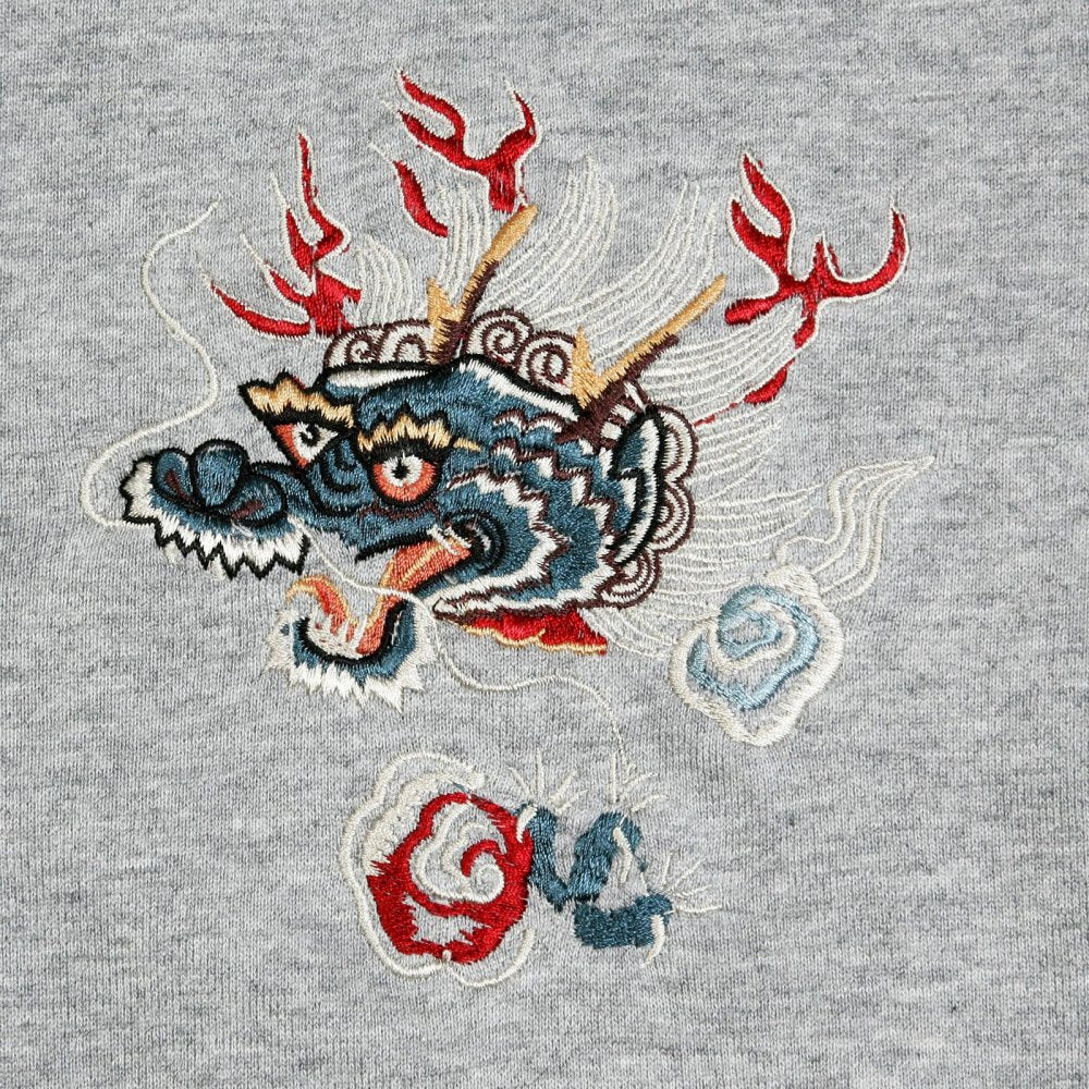 Mens Heather Grey Slim Fit Long Sleeve Zipped Sweatshirt Hoodie with Hand Embroidered Hells Dragon TT64244