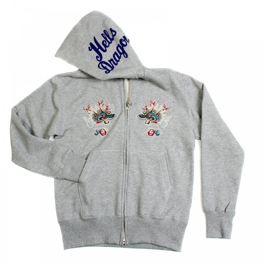 Mens Heather Grey Slim Fit Long Sleeve Zipped Sweatshirt Hoodie with Hand Embroidered Hells Dragon TT64244