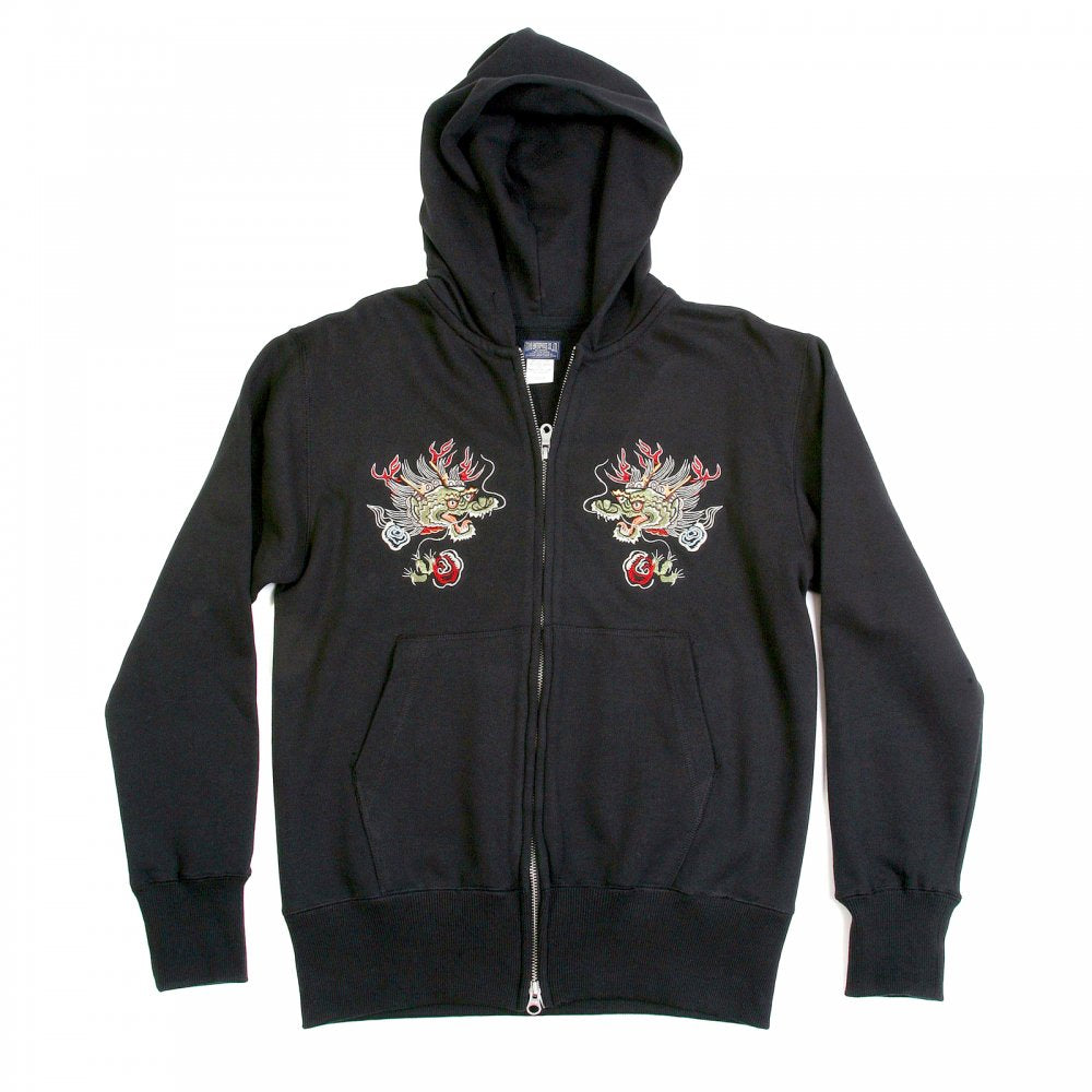 Mens Black Suka Jun Long Sleeve Hells Dragon Slim Fit Hooded Sweatshirt with Two Way Zip Closure TT64244