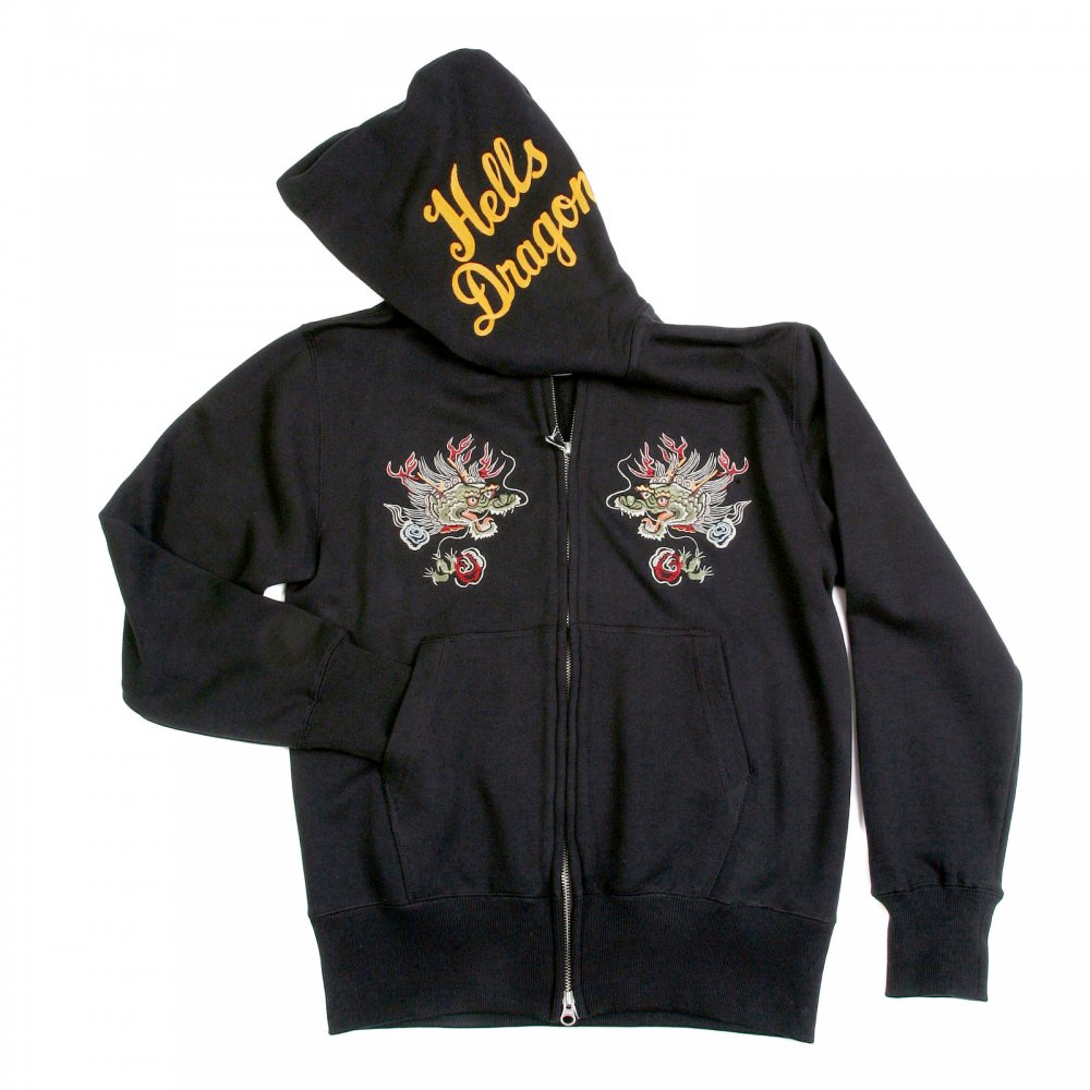 Mens Black Suka Jun Long Sleeve Hells Dragon Slim Fit Hooded Sweatshirt with Two Way Zip Closure TT64244