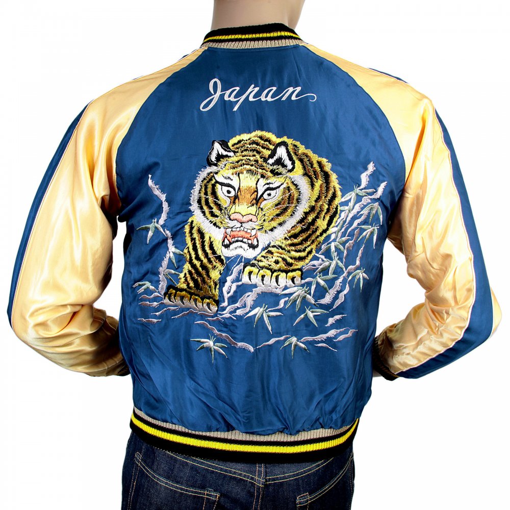 Mens Fully Reversible Royal Blue and Golden Regular Fit Suka Souvenir Jacket with Embroidered Tiger TT13001