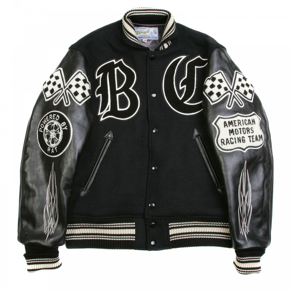 Black Raglan Sleeve Crank Busters Regular Fit Letterman Jacket WV11375