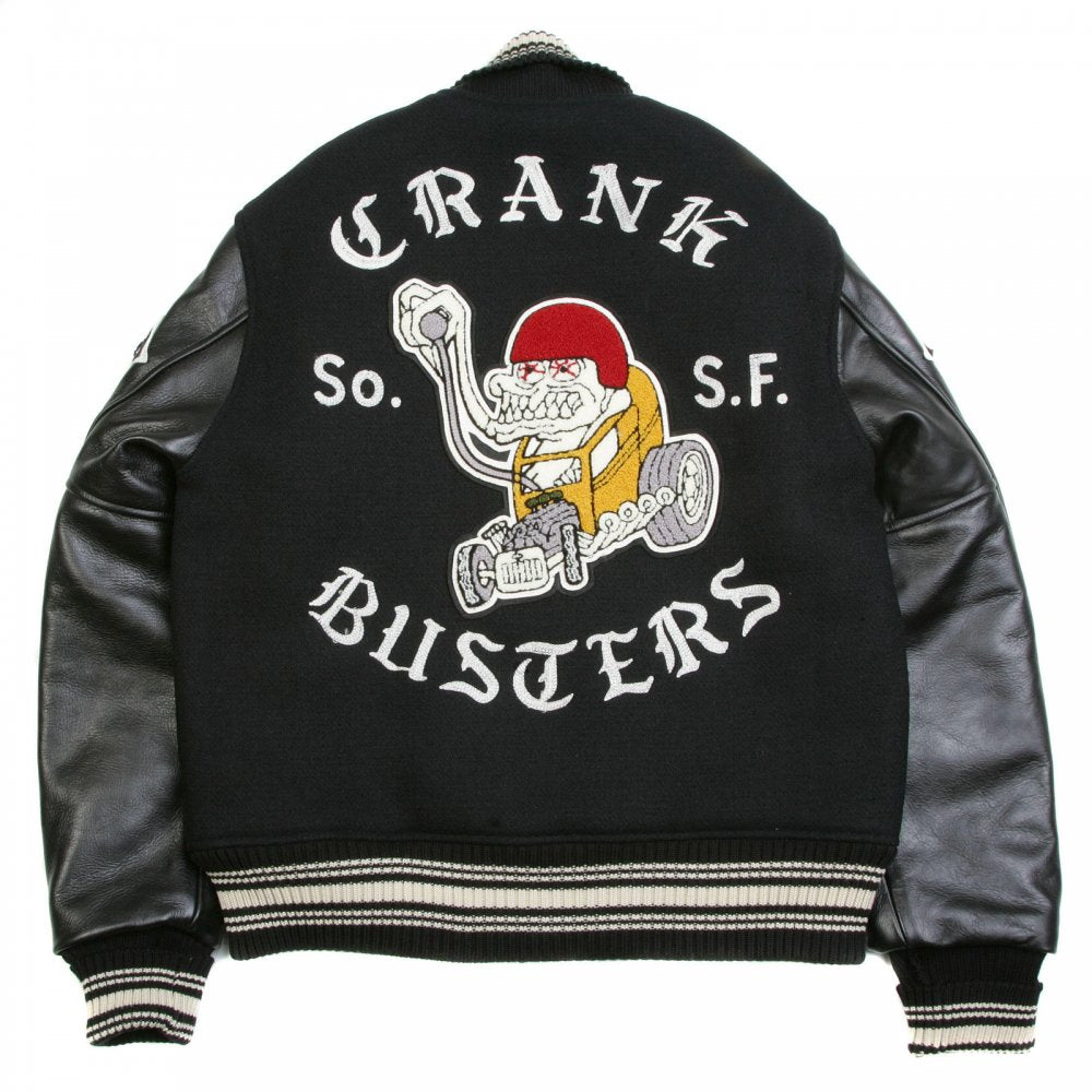 Black Raglan Sleeve Crank Busters Regular Fit Letterman Jacket WV11375