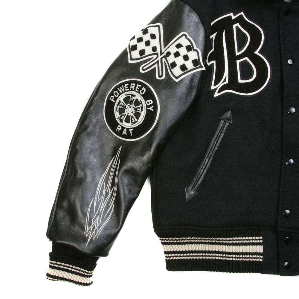 Black Raglan Sleeve Crank Busters Regular Fit Letterman Jacket WV11375