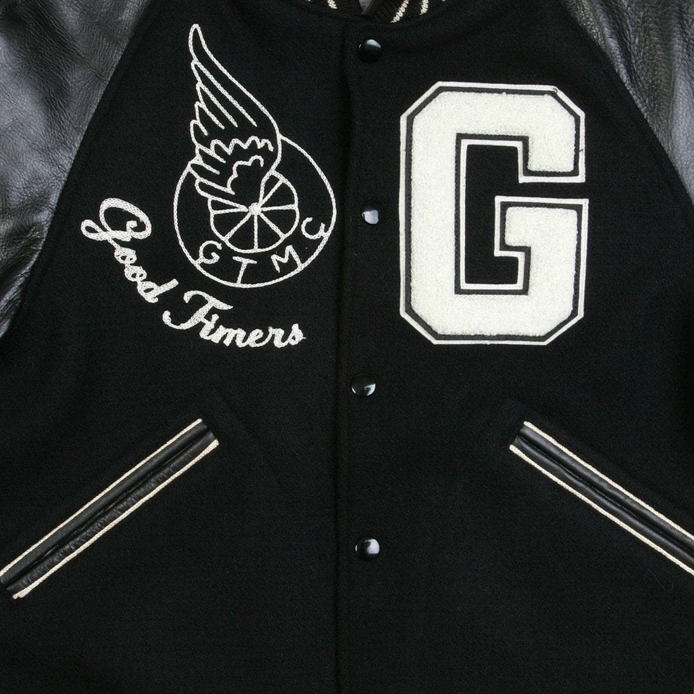 Black Raglan Sleeve Good Timers Regular Fit Letterman Jacket WV11376