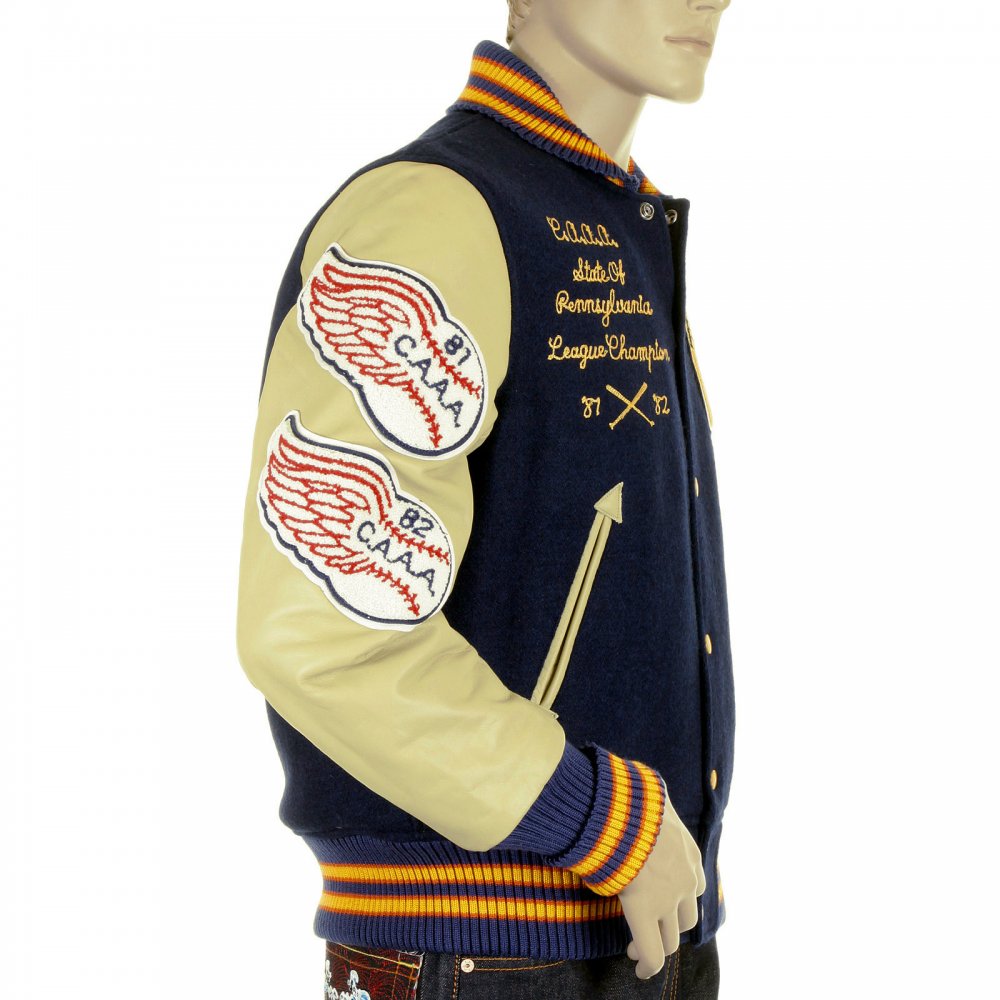 Mens Royal and Cream Leather Sleeve Philadelphia Wild Cats Regular Fit Stadium Letterman Jacket WV11793