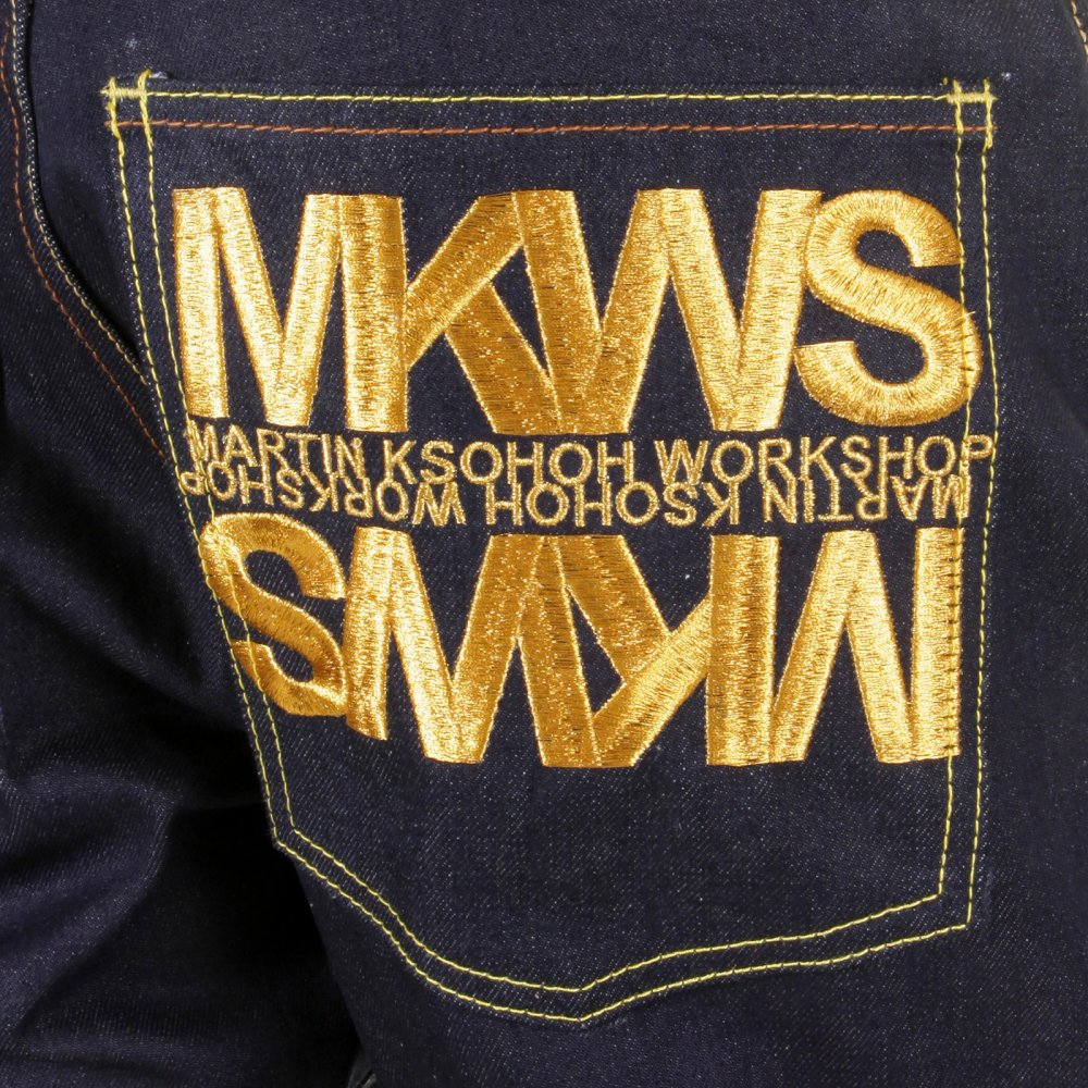 Dark Indigo Raw Denim Jeans with Gold Embroidered Cyber Monkey