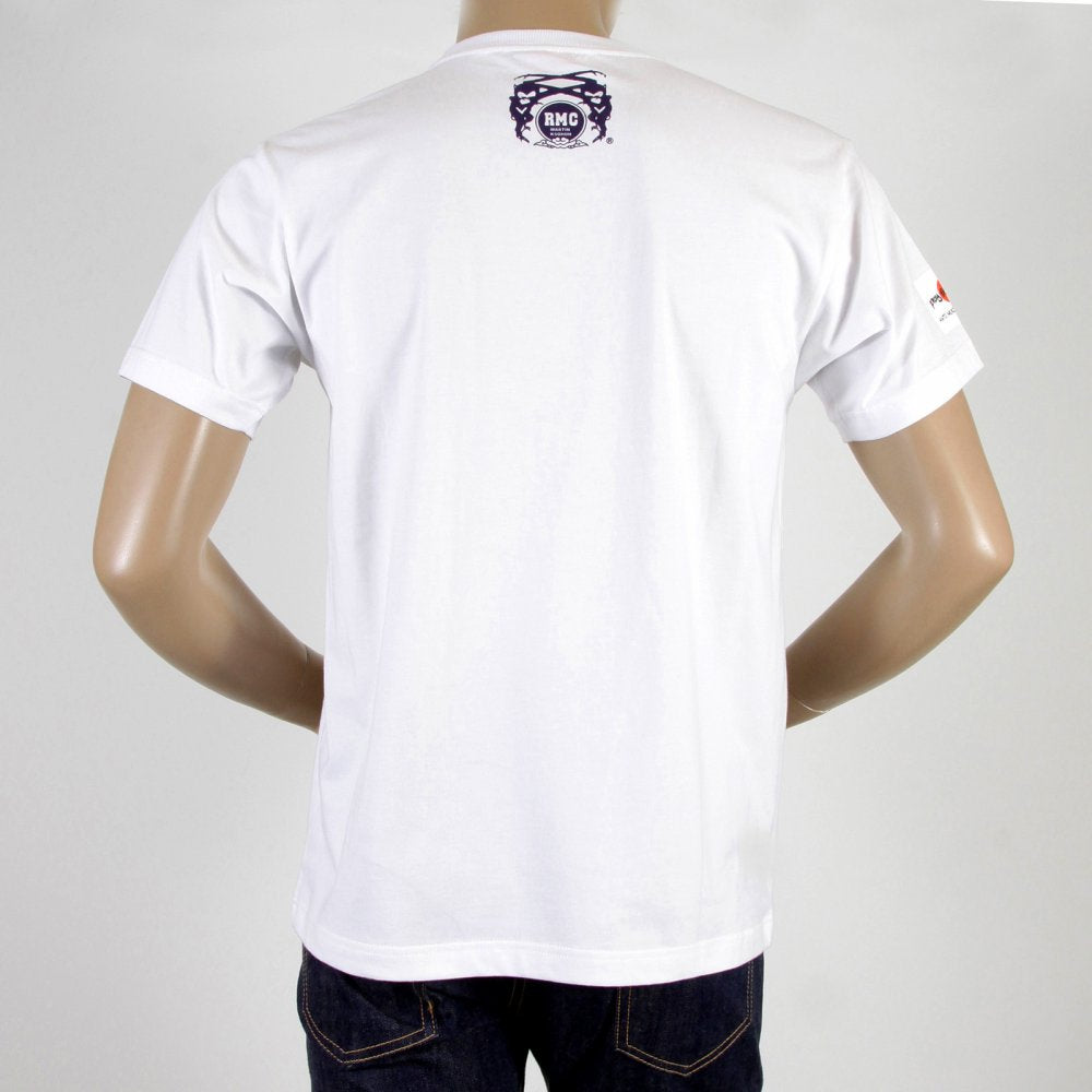 White Kamon T Shirt with Navy Blue Print