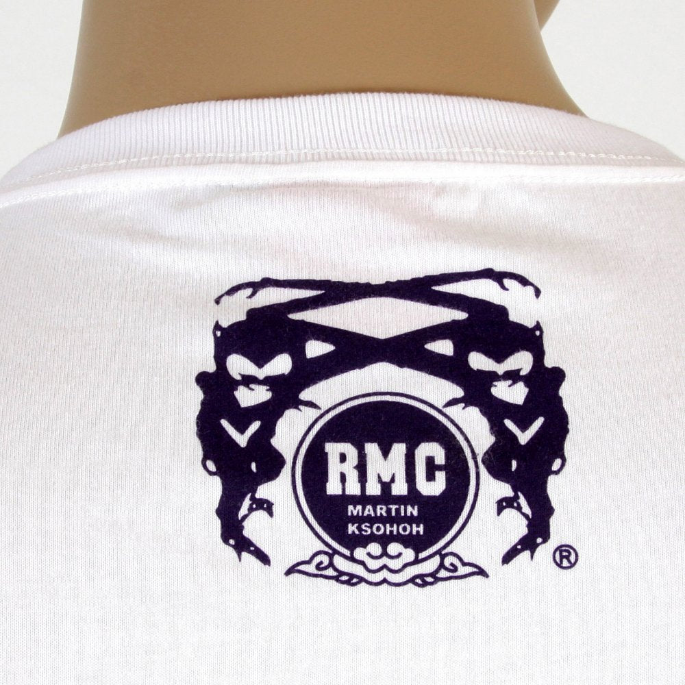 White Kamon T Shirt with Navy Blue Print