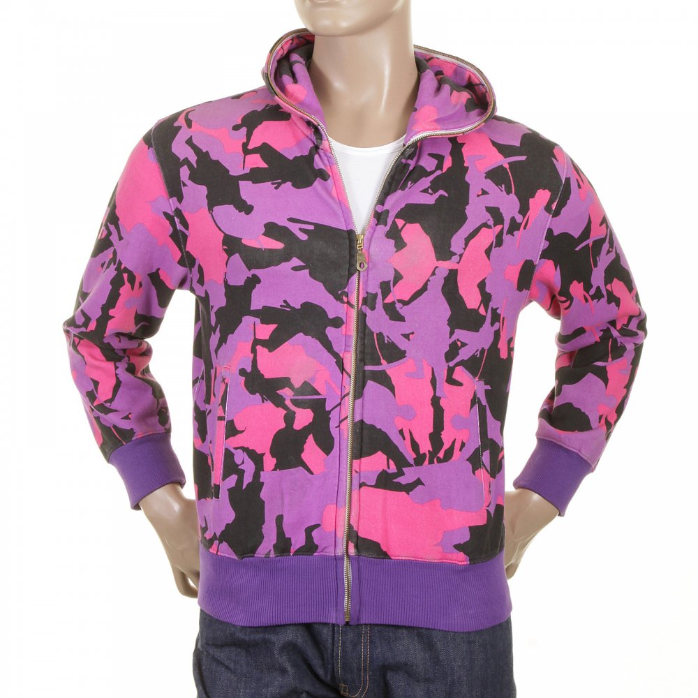 Mens Purple Pink and Black Samurai Camo Hooded Regular Fit Zipped Sweatshirt