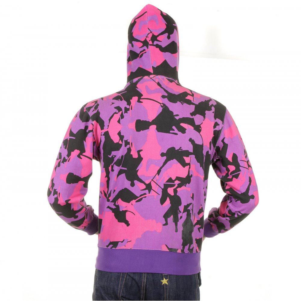 Mens Purple Pink and Black Samurai Camo Hooded Regular Fit Zipped Sweatshirt