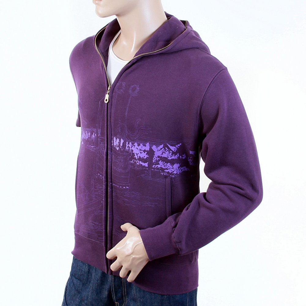Purple Large Fitting Zipped Front Hooded Mens Sweatshirt