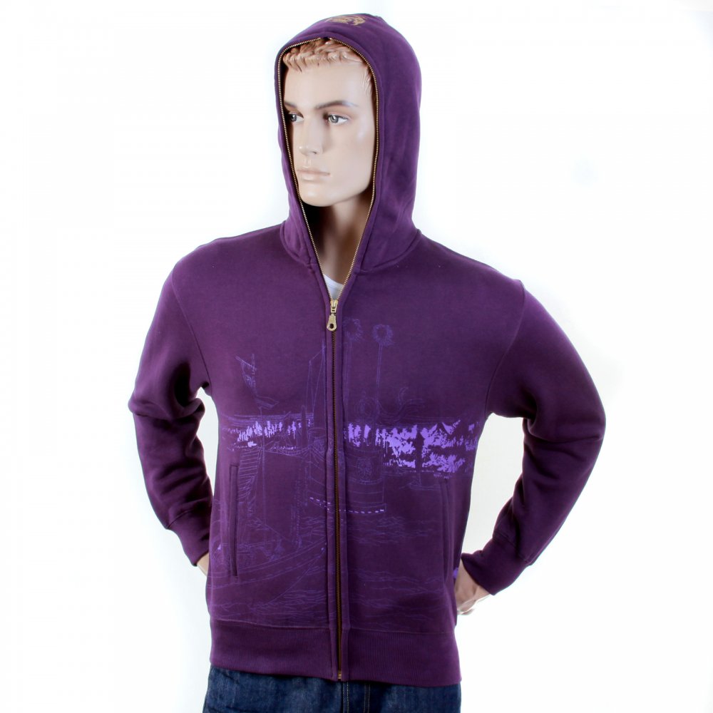 Purple Large Fitting Zipped Front Hooded Mens Sweatshirt