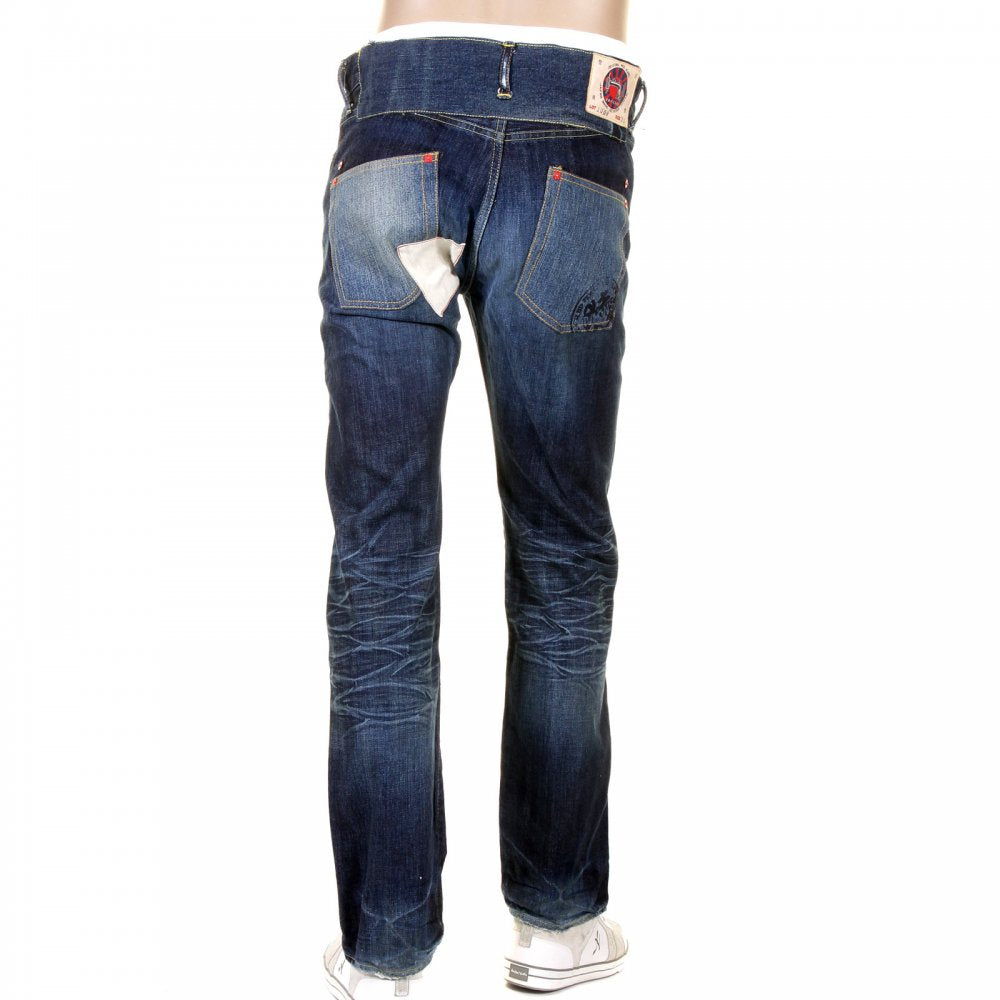Mens Washed Indigo Selvedge Denim Jeans with Vintage Finish