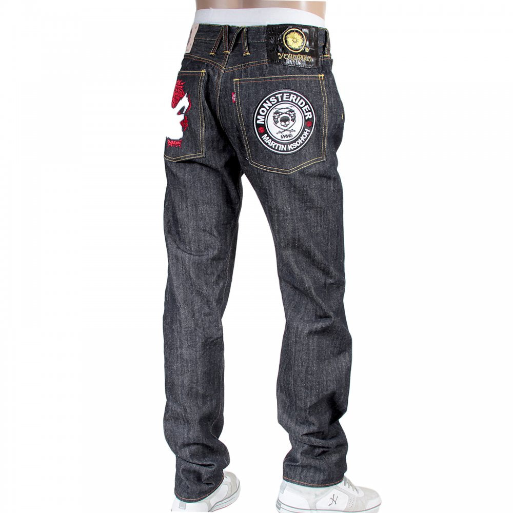 Mens Indigo Raw Japanese Selvedge Denim Jean with Embroidered Monster Rider