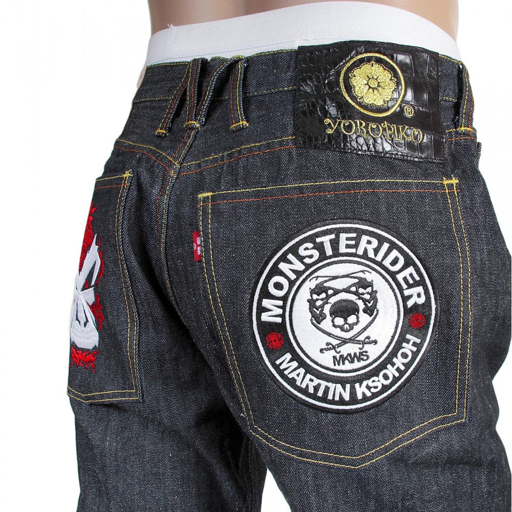 Mens Indigo Raw Japanese Selvedge Denim Jean with Embroidered Monster Rider