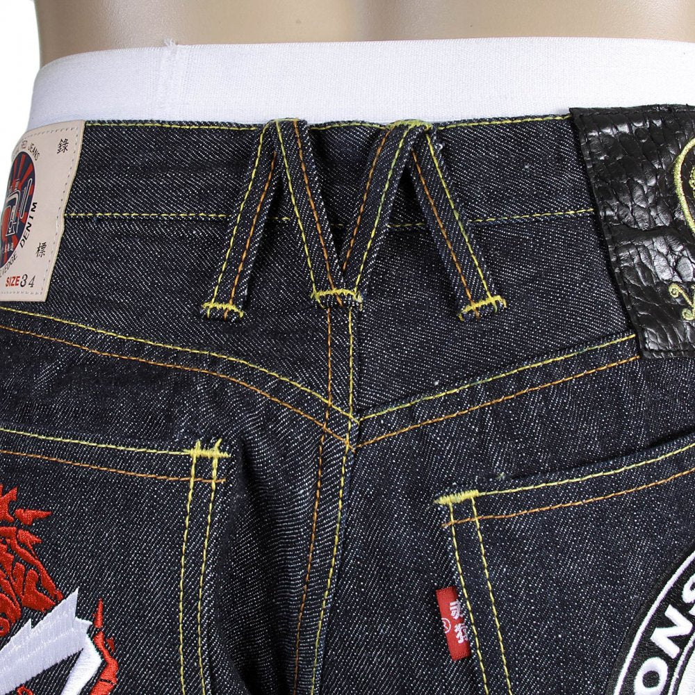 Mens Indigo Raw Japanese Selvedge Denim Jean with Embroidered Monster Rider