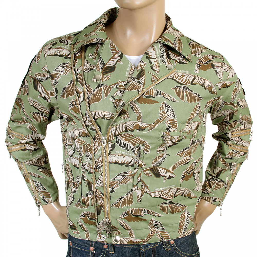 Leaf Pattern Green Zip Front Regular Fit Cotton Biker Jacket