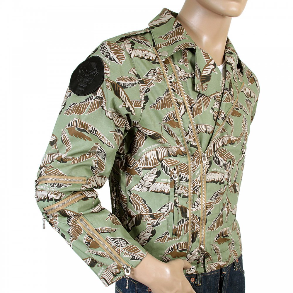 Leaf Pattern Green Zip Front Regular Fit Cotton Biker Jacket