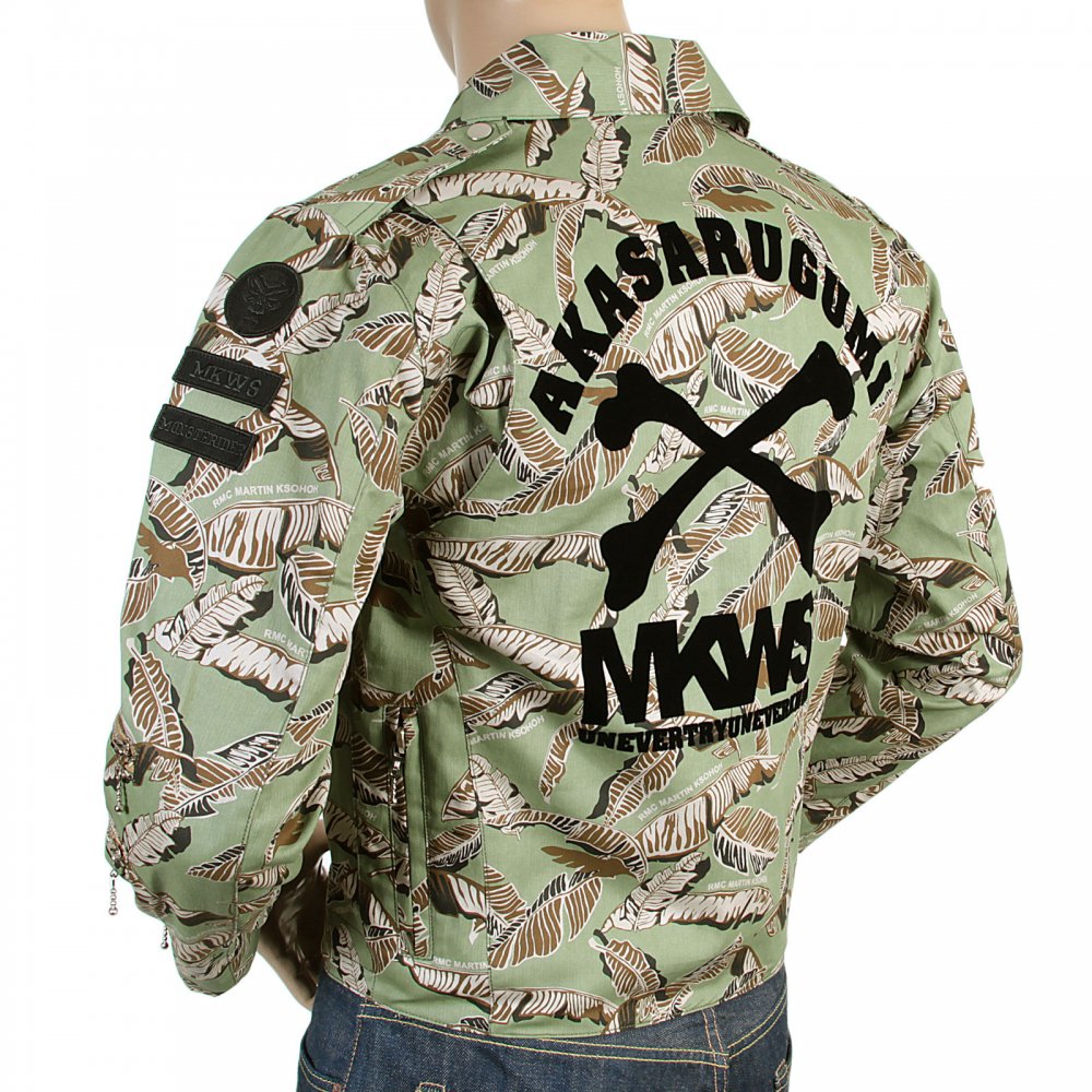 Leaf Pattern Green Zip Front Regular Fit Cotton Biker Jacket