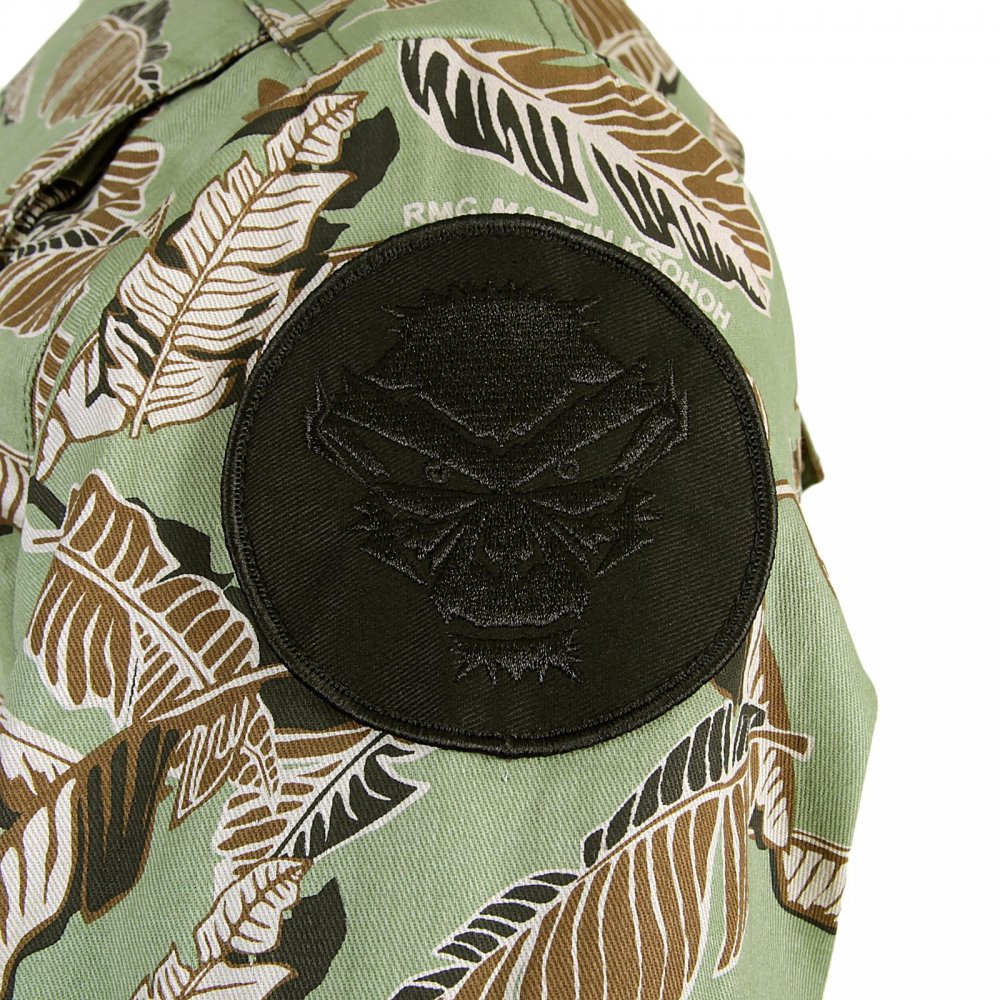 Leaf Pattern Green Zip Front Regular Fit Cotton Biker Jacket